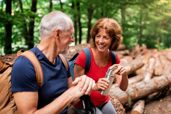 Senior tourist couple with steel flask on a walk in forest in nature, sitting.