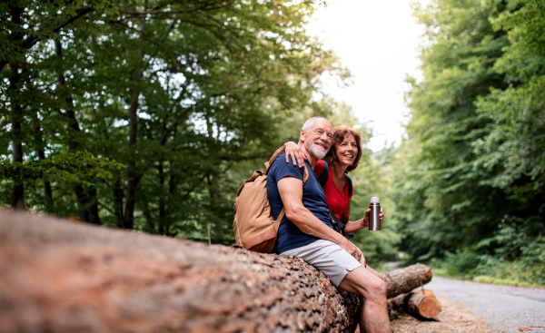 Senior tourist couple with steel flask on a walk in forest in nature, sitting and drinking.