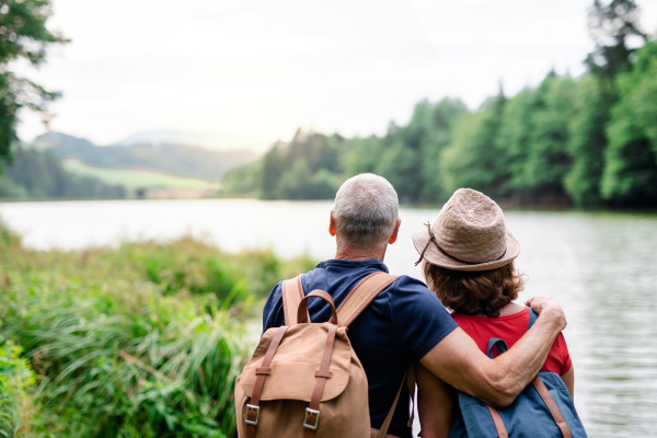 A rear view of senior tourist couple on a walk in nature, standing by lake. Copy space.