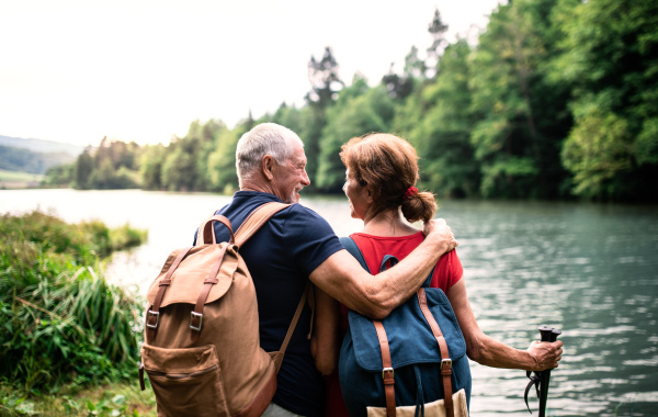 A rear view of senior tourist couple on a walk in nature, standing by lake. Copy space.