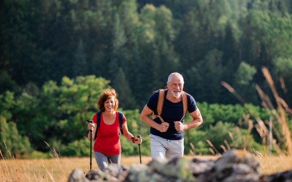 A senior tourist couple travellers hiking in nature, walking and talking.