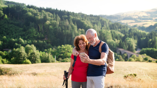 A senior tourist couple hikers standing in nature, taking selfie.