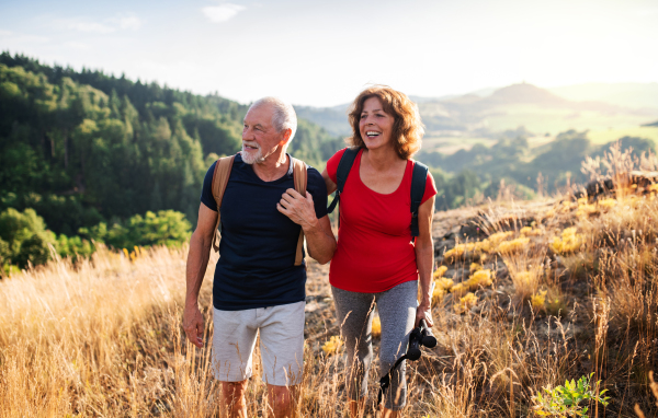 A senior tourist couple travellers hiking in nature, walking and talking.