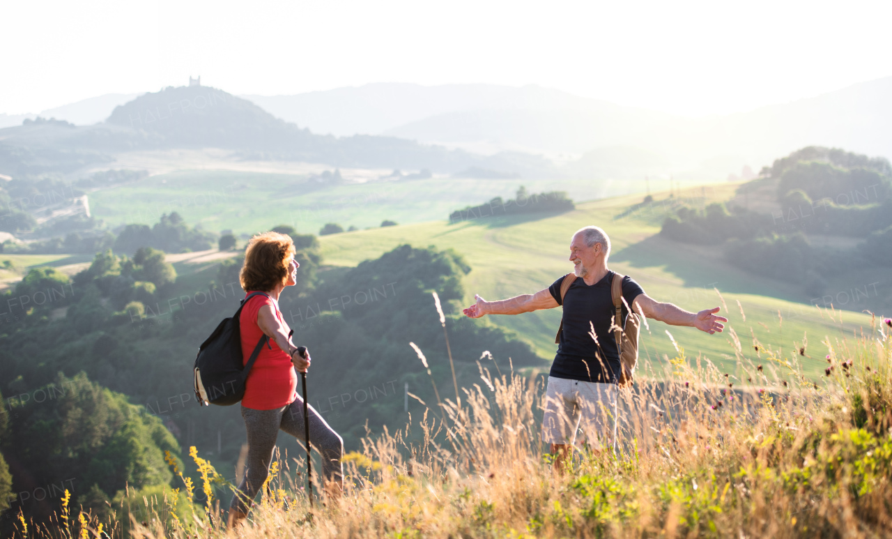 A senior tourist couple travellers hiking in nature.