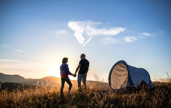 A rear view of senior tourist couple with shelter tent standing in nature at sunset, resting.