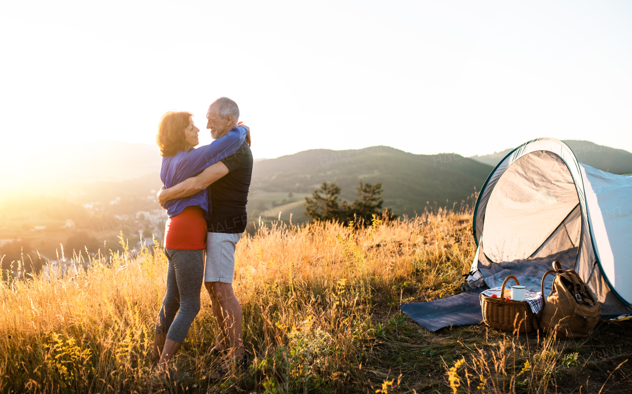 A senior tourist couple standing in nature at sunset, hugging.