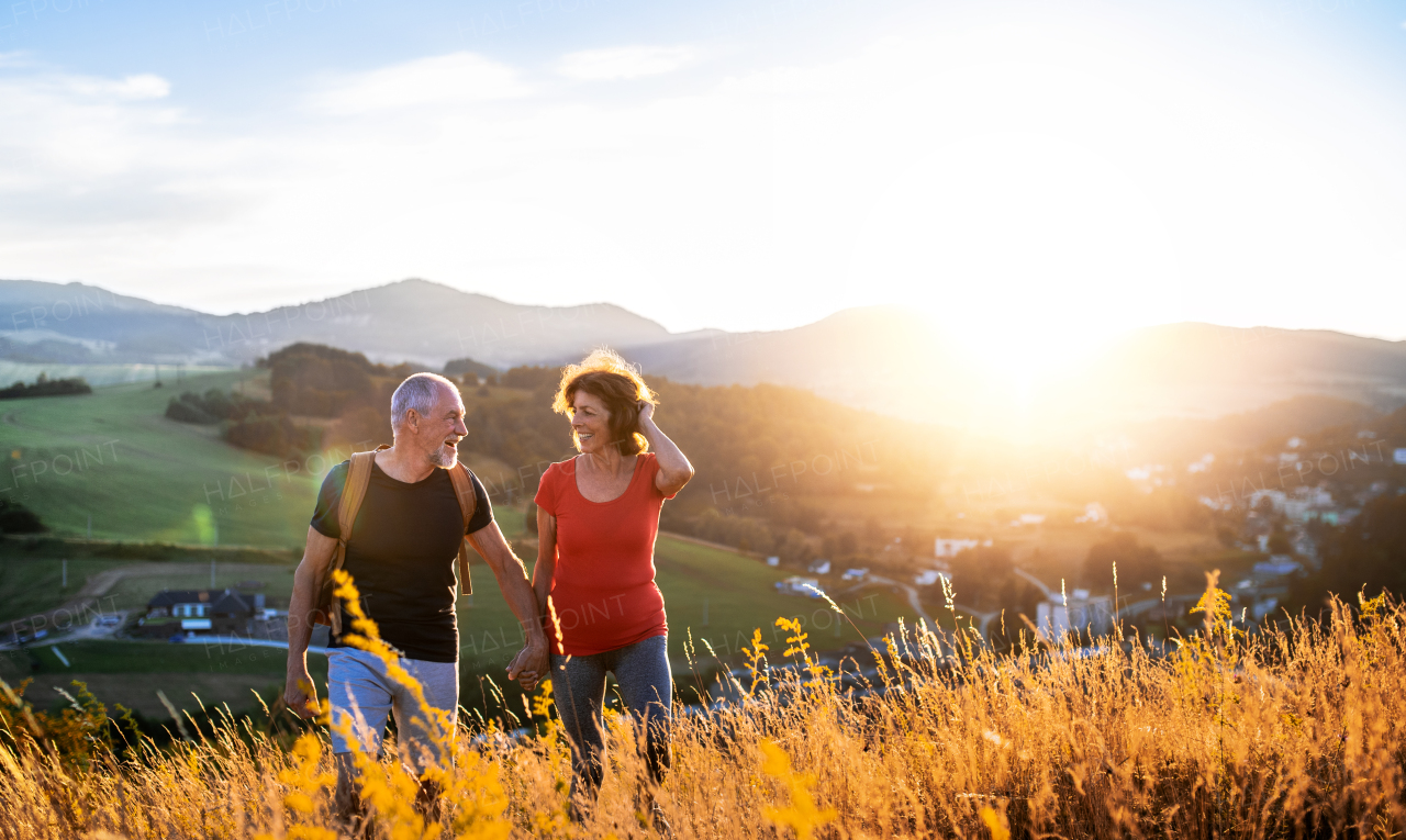 A senior tourist couple travellers hiking in nature at sunset, holding hands.