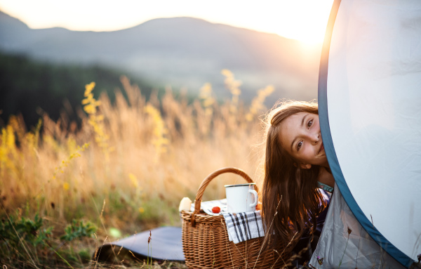 A portrait of small girl in in nature, resting in pop-up shelter tent. Copy space.