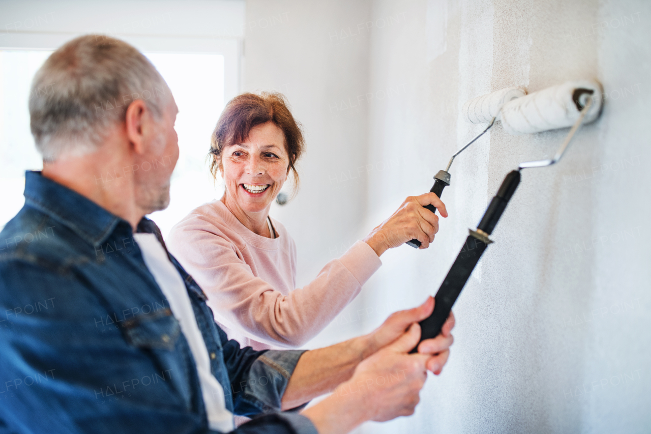 Happy senior couple painting walls in new home, relocation concept.