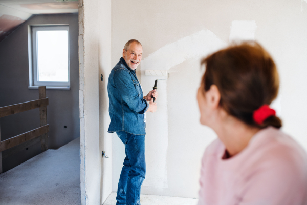 Happy senior couple painting walls in new home, relocation concept.