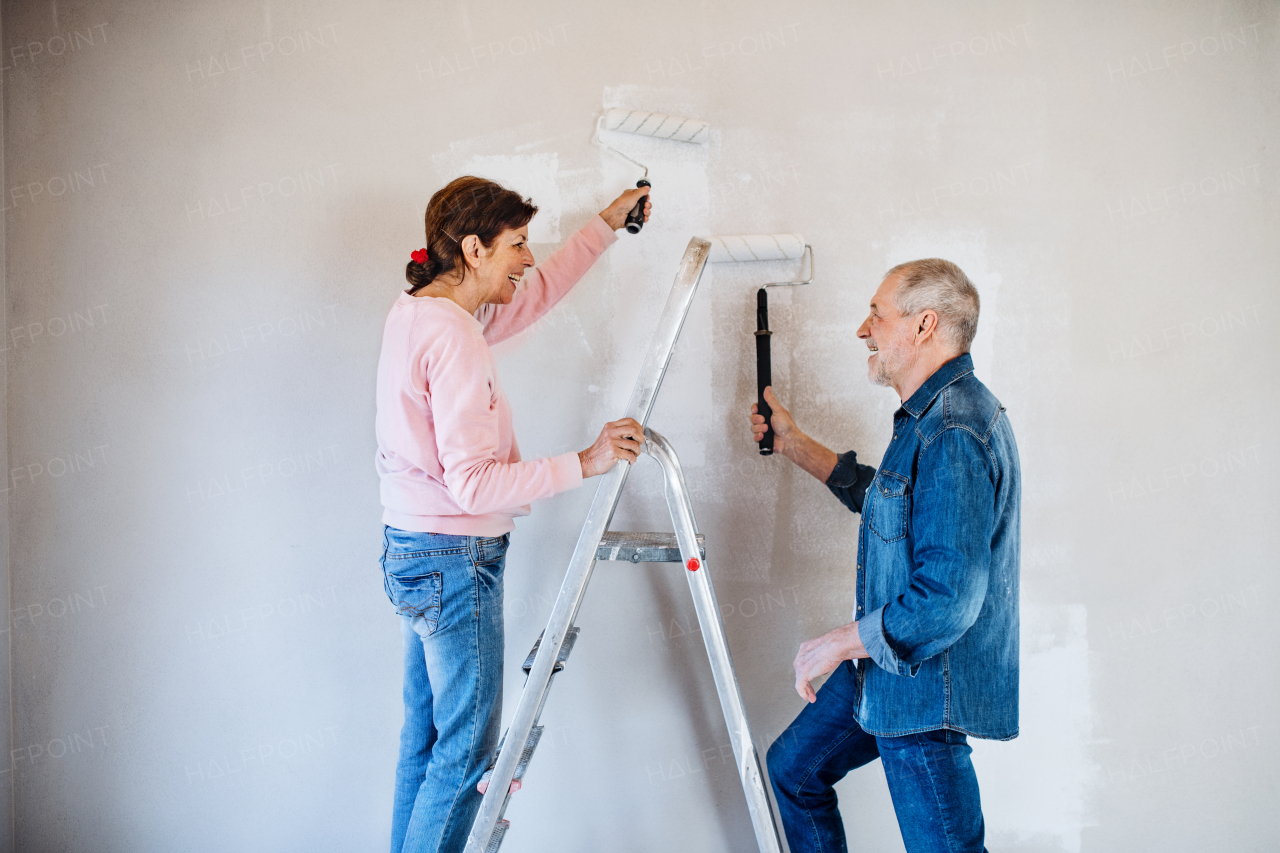 Happy senior couple painting walls in new home, relocation concept.