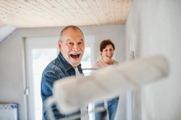 Portrait of cheerful senior couple painting walls in new home, having fun. Relocation concept.