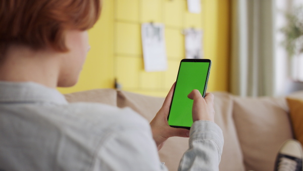 A rear view of teenager sitting on sofa using smartphone with green screen. Social networks concept.