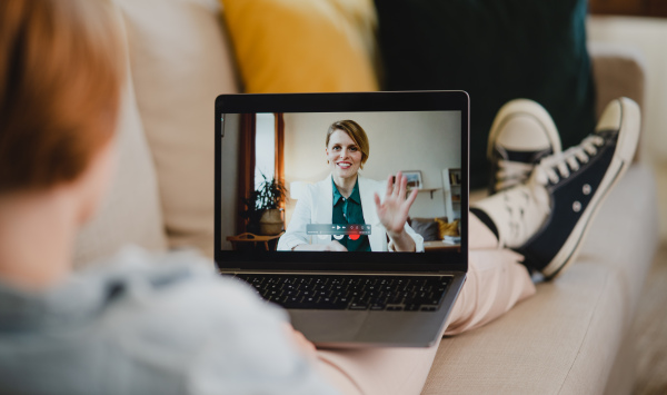 A rear view of young woman at home making video call using tablet, social networks concept.