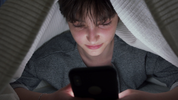 A bored female teenager hiding under blanket, using smartphone. Social networks concept.