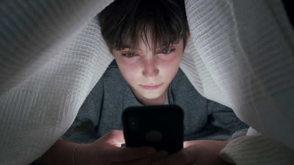 A bored female teenager hiding under blanket, using smartphone. Social networks concept.