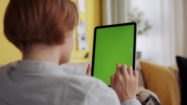 A rear view of teenager sitting on sofa using tablet with green screen. Social networks concept.