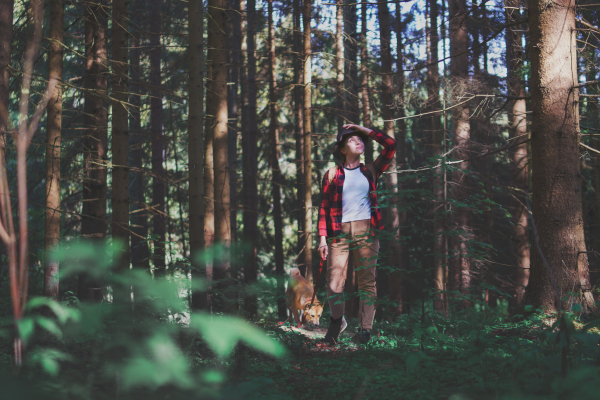 Front view of young woman with a dog on a walk outdoors in forest in summer nature.