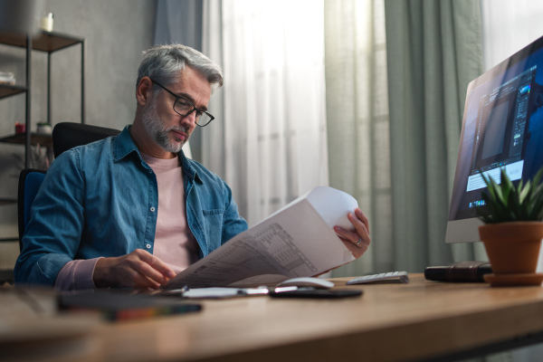 A mature man architect working on computer at desk indoors in office.