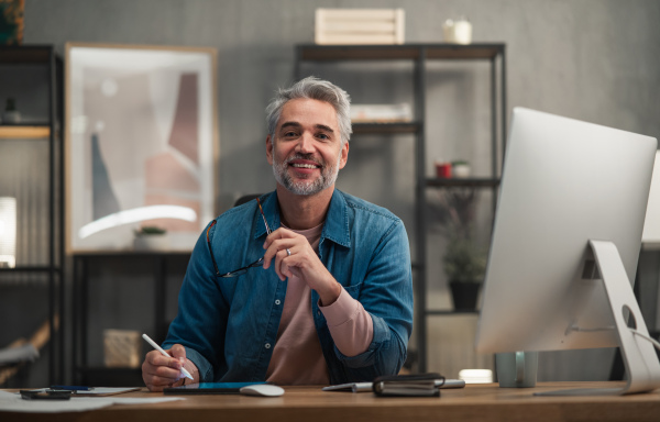 A happy mature man architect working on tablet at desk indoors in office, looking at camera.