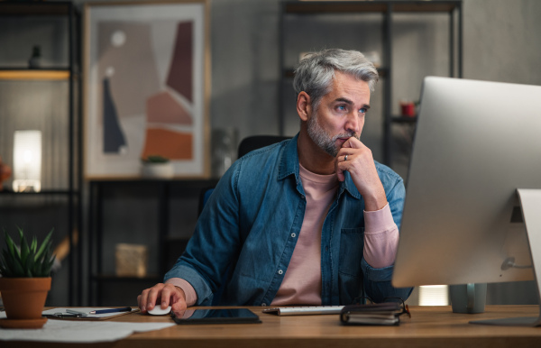 A mature man architect working on computer at desk indoors in office.