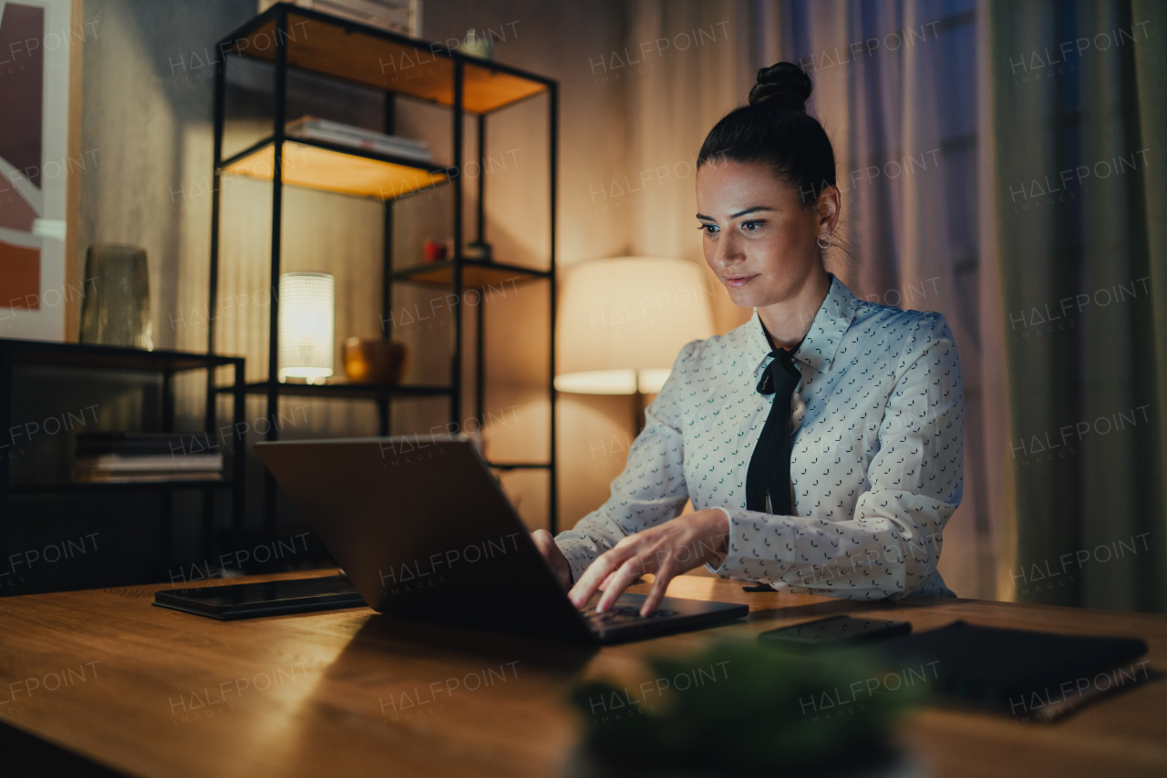 A happy mid adult business woman with diary working on laptop in office at night.