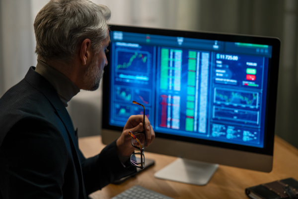 A rear view of mature businessman working on computer indoors in office.