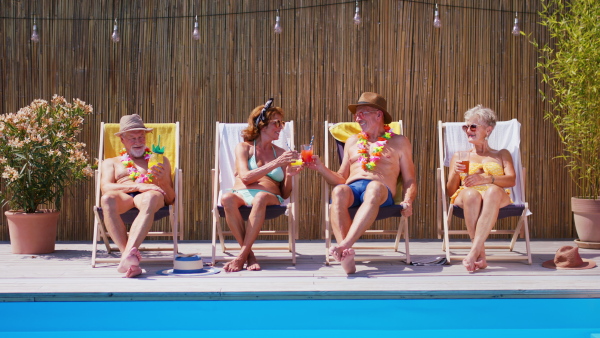 Group of cheerful seniors sitting by swimming pool outdoors in backyard, relaxing.