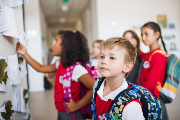 A group of cheerful small school kids in corridor, standing and talking. Back to school concept.