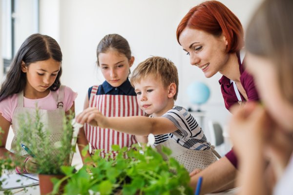 A group of small happy school kids with teacher standing in circle in class, planting herbs.