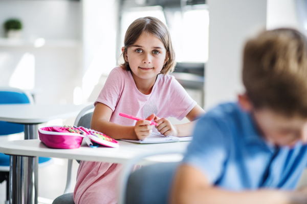 A portrait of small happy school girl sitting at the desk in classroom, looking at camera.