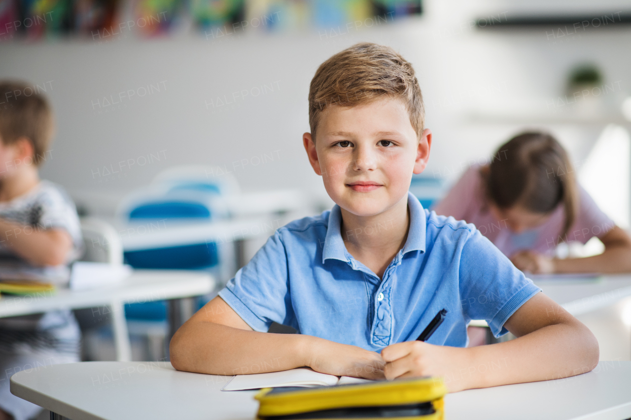 A small happy school boy sitting at the desk in classroom on the lesson, looking at camera.