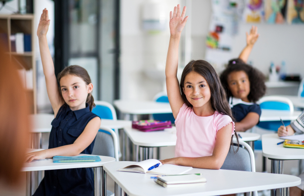 Small school children sitting at the desk in classroom on the lesson, raising hands.