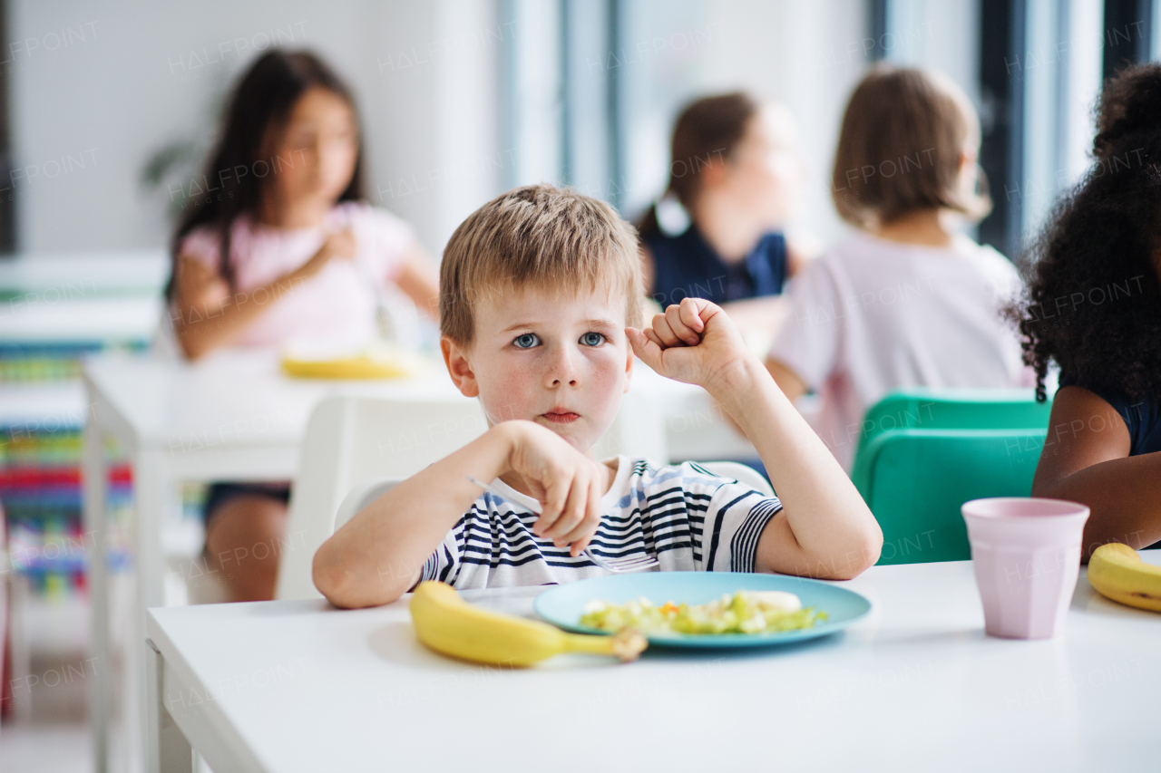 A group of cheerful small school kids in canteen, eating lunch and talking.