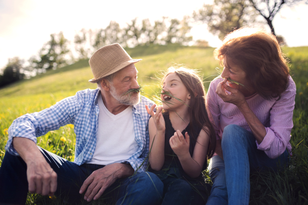 Senior couple with granddaughter outside in spring nature, relaxing on the grass and having fun.