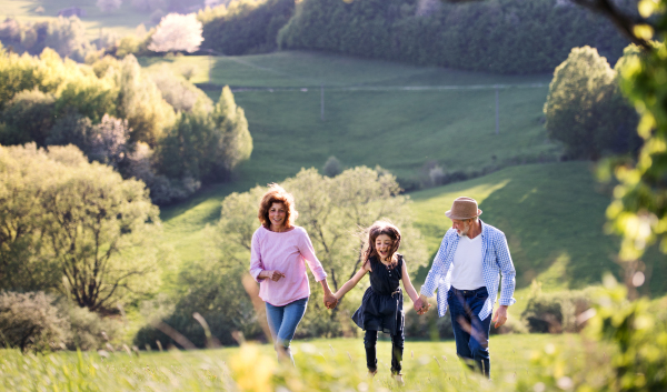 Senior couple with granddaughter walking outside in spring nature. Copy space.