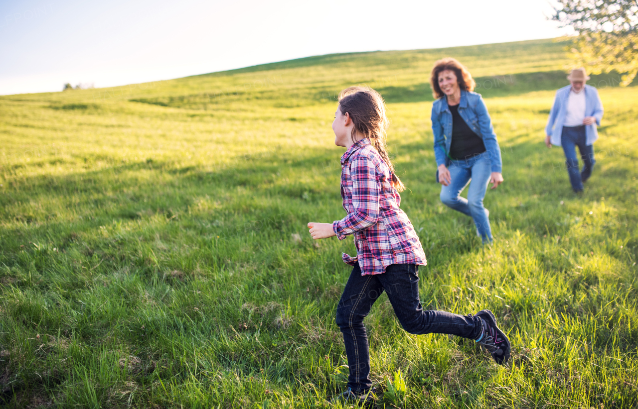 A happy small girl with her senior grandparents playing tag game outside in nature.