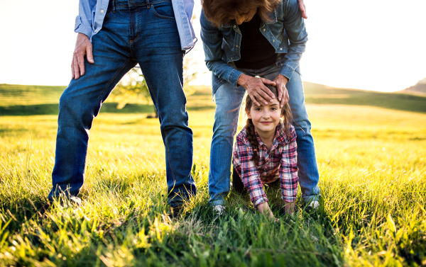 Unrecognizable senior couple with their happy granddaughter outside in spring nature.