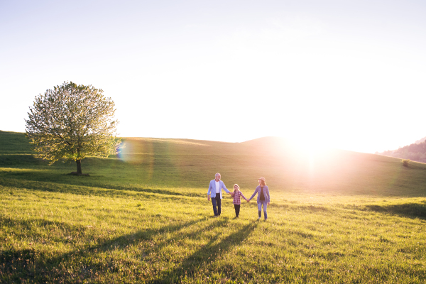 Senior couple with granddaughter outside in spring nature, laughing. Copy space.