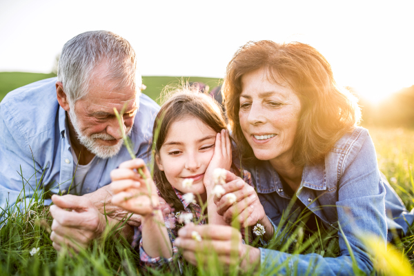 Senior couple with granddaughter outside in spring nature, lying on the grass and relaxing. Close up.