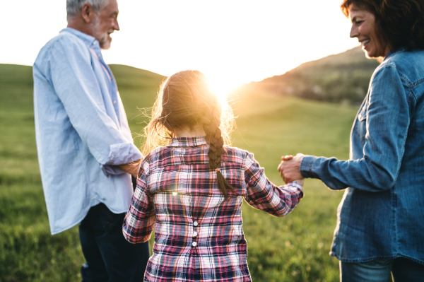 Rear view of senior couple with granddaughter on a walk outside at sunset, a midsection.