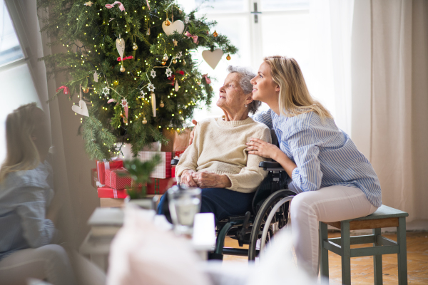 A senior woman in wheelchair with a health visitor at home at Christmas time, looking out of a window.