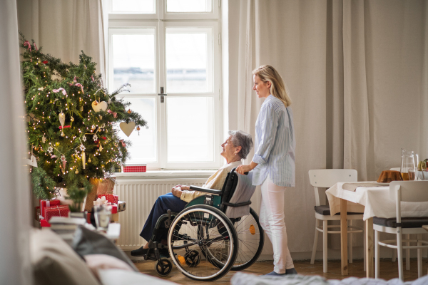 A senior woman in wheelchair with a health visitor at home at Christmas time, looking out of a window.