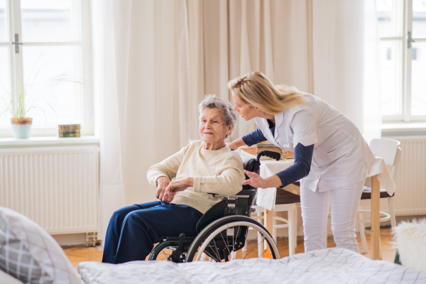 A young health visitor talking to a senior woman in wheelchair at home.