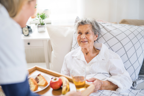 An unrecognizable young health visitor bringing breakfast to a sick senior woman lying in bed at home.