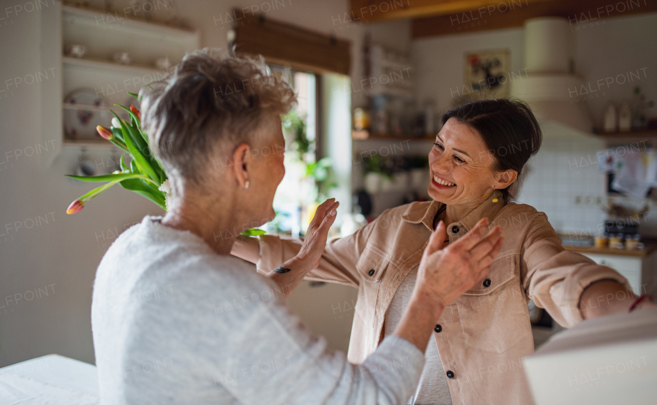 An adult daughter visiting happy senior mother indoors at home, mothers day or birthday celebration.