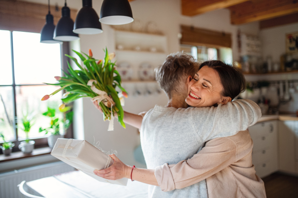 A happy senior mother hugging adult daughter indoors at home, mothers day or birthday celebration.