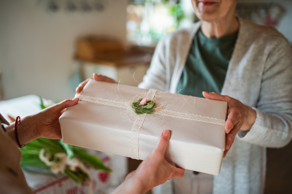 A close up of unrecognizable adult daughter ghiving present to senior mother indoors at home, mothers day or birthday celebration.