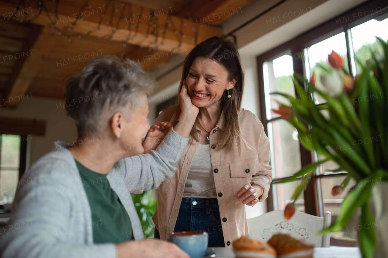 A happy senior mother having tea with adult daughter indoors at home, talking.