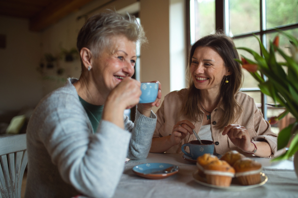 A happy senior mother having tea with adult daughter indoors at home, talking.